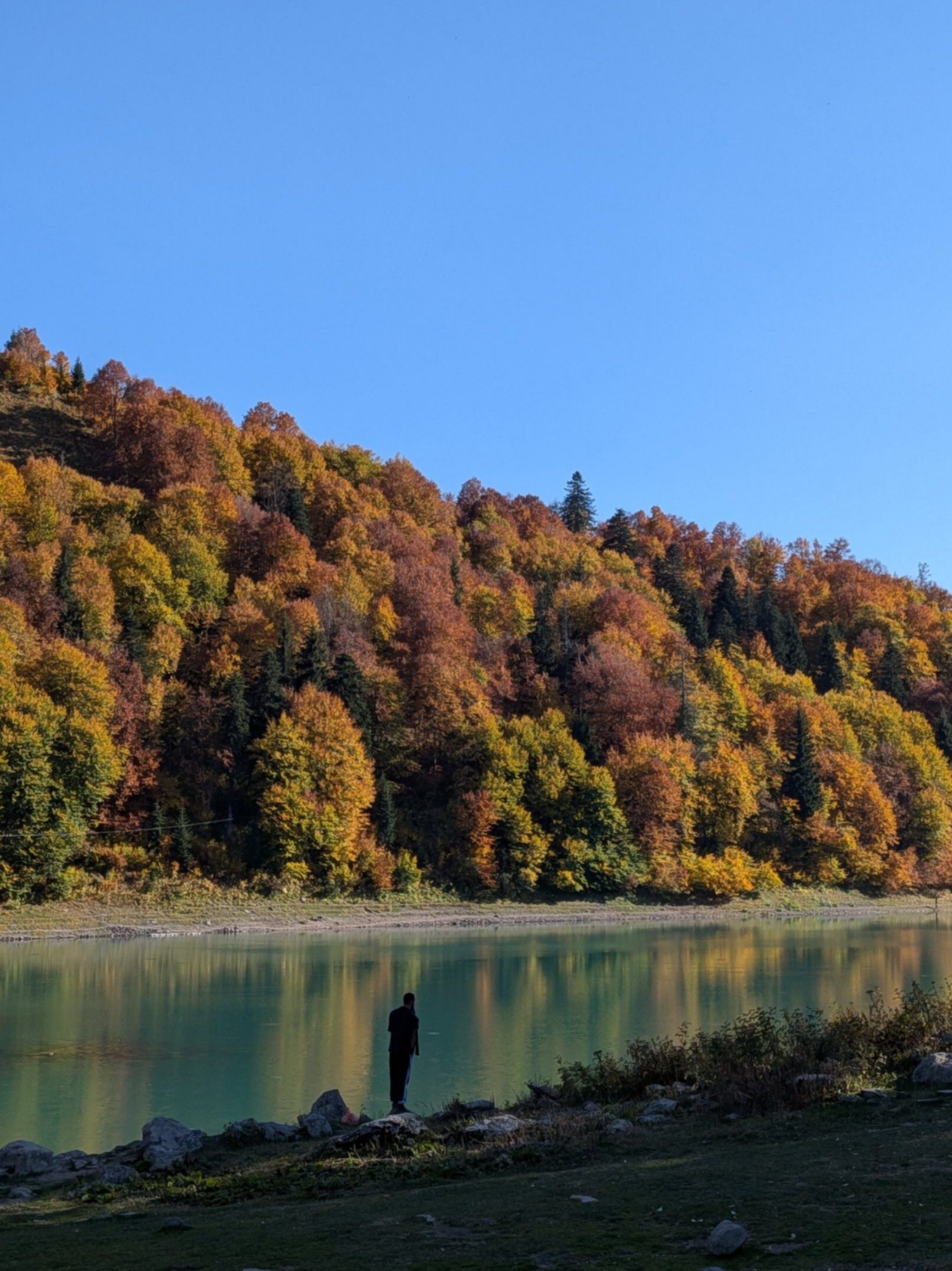 Jesień nad Zielonym Jeziorem w Adżarii – spokojne górskie jezioro wśród kolorowych lasów
