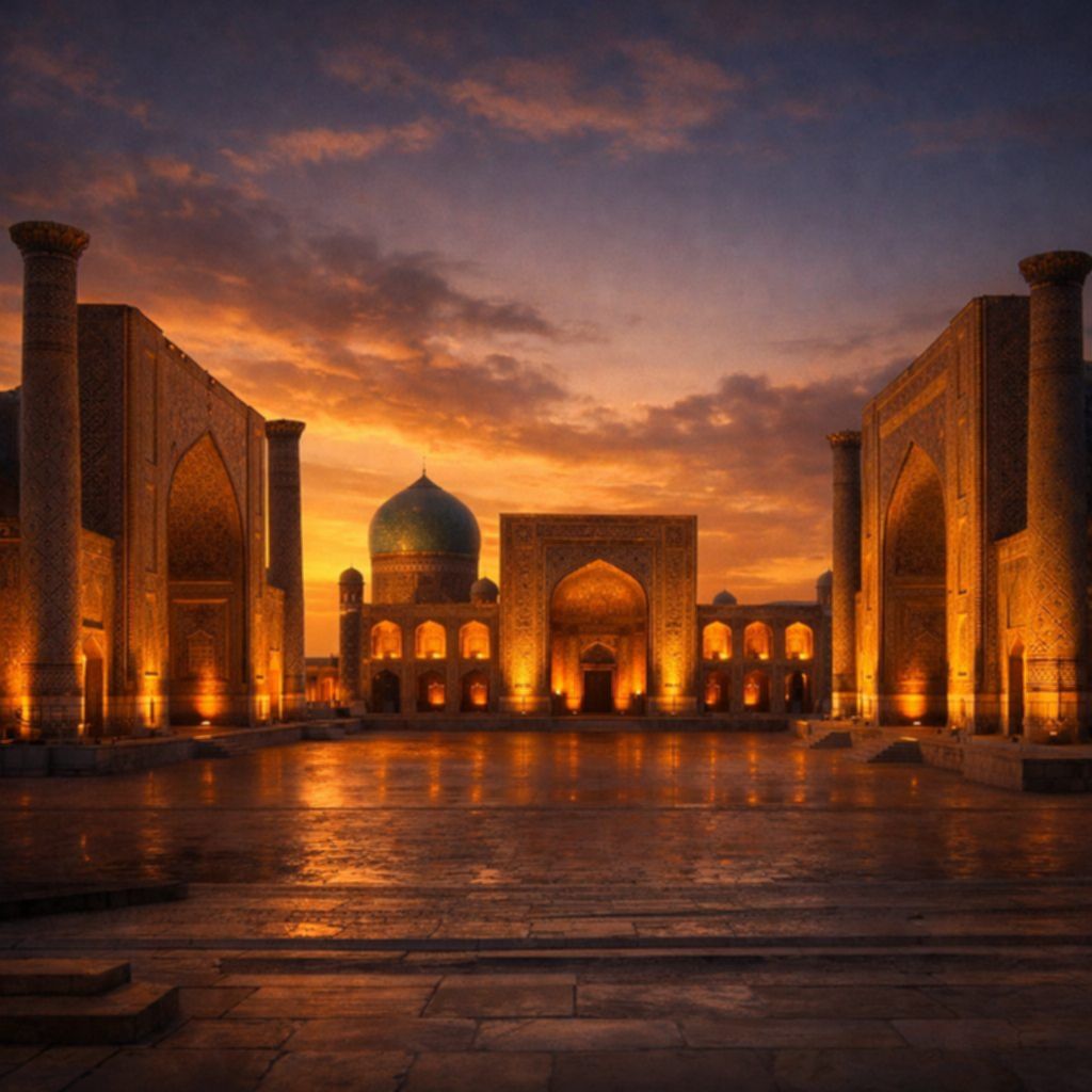 Registan w Samarkandzie o zachodzie słońca – medresy Jedwabnego Szlaku w Uzbekistanie